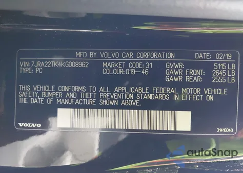 2019 Volvo S60 T6 Momentum z USA, uszkodzony, nr VIN 7JRA22TK4KG008962